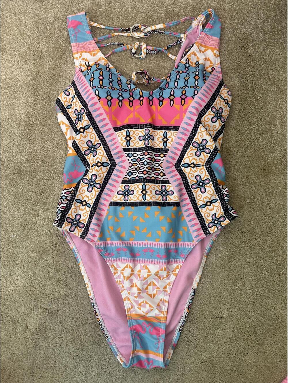Women Sz L Strappy Backless 1 Piece Bathing Swimsuit Multicolor Rainbow Keyhole